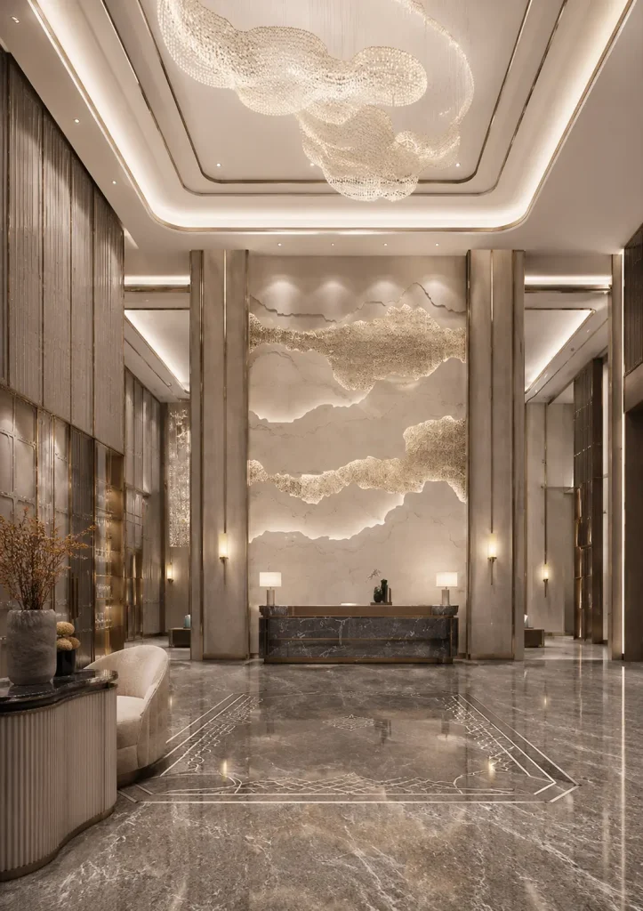 Elegant retail interior with a curved ceiling and marble counter