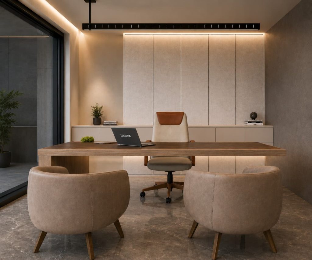 High-rise office with a desk facing the skyline