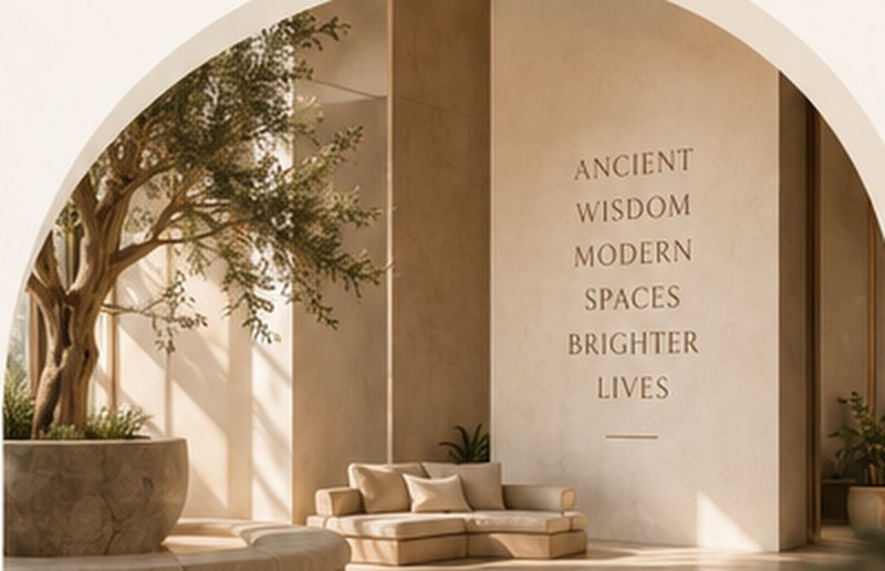 Calm seating area beside a wall that reads Ancient wisdom, modern spaces, brighter lives
