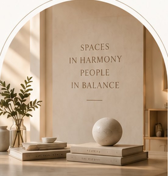 Still life with books, a stone sphere and a wall reading Spaces in harmony, people in balance