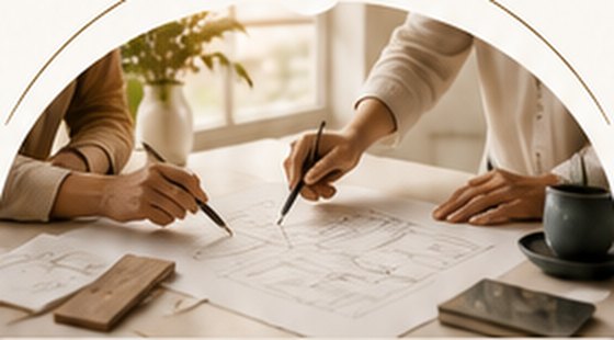 Two people marking up a floor plan together