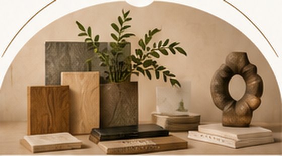 Material samples, stone and objects arranged on a table