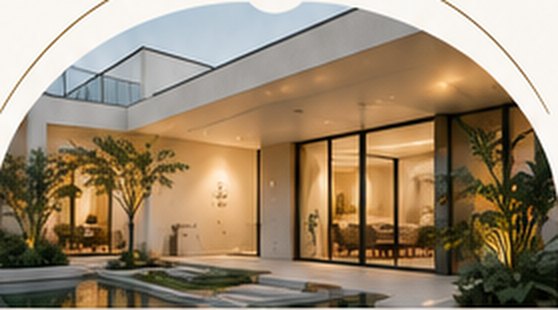 Courtyard of a modern home at dusk
