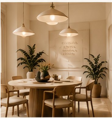 Dining area with warm pendant lights and plants