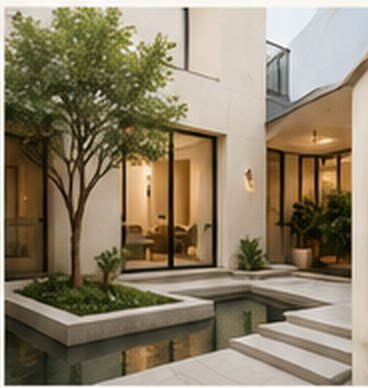 Courtyard with a tree and a water channel