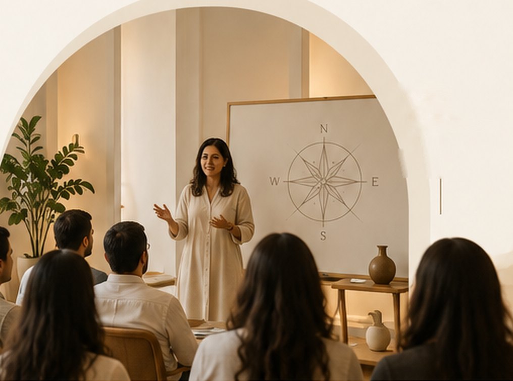 MahaVastu class in progress, with a compass chart on the board