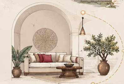 Illustrated living room under an arched alcove