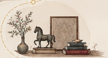 Illustrated console with a horse figure and framed mandala