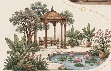 Illustrated garden with a gazebo and lotus pond