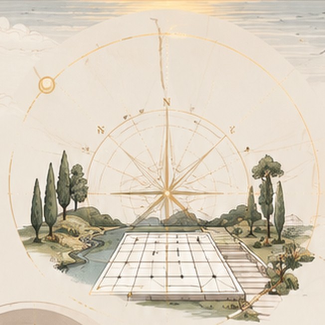 Illustrated compass over a gridded site plan