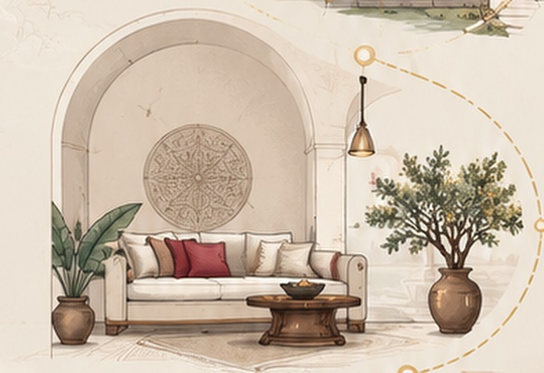 Illustrated living room under an arched alcove
