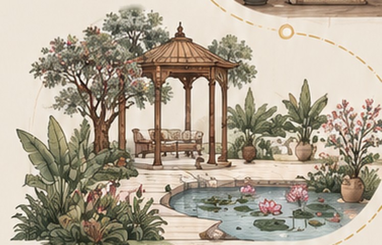 Illustrated garden with a gazebo and lotus pond