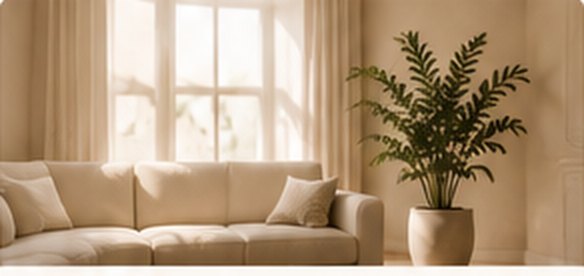 Sunlit living room with a soft sofa and a plant