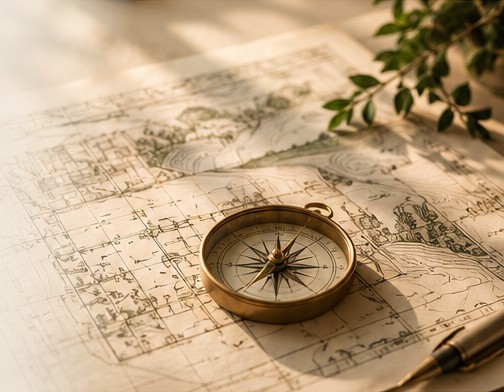 Brass compass on hand-drawn site and floor plans