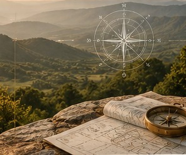 Hilltop view over a valley with a compass and site plans