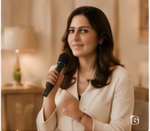 Alisha speaking into a microphone