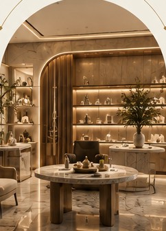 Retail lounge with curated shelves and a round table