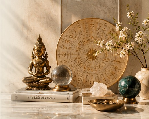 Brass deity figure, zodiac dial, crystal ball and gemstone globe on marble