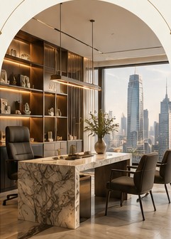 Office with a marble desk and skyline view