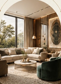 Living room with a mandala artwork and green velvet armchair