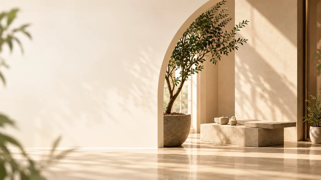 Sunlit courtyard with an olive tree and a stone bench